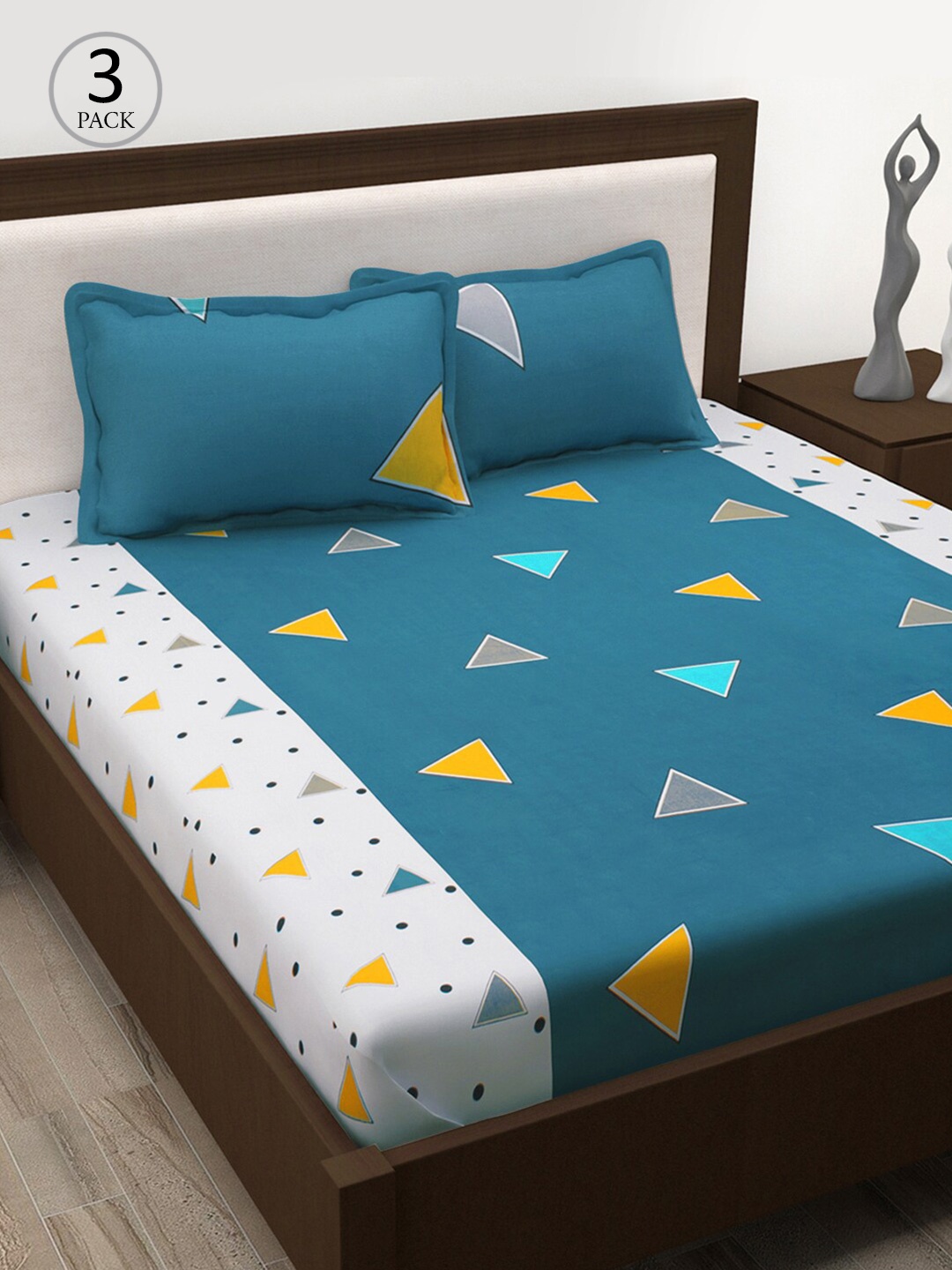 

Story@home Teal & Yellow Cotton Geometric 186 TC 3 Single Bedsheet with 6 Pillow Covers