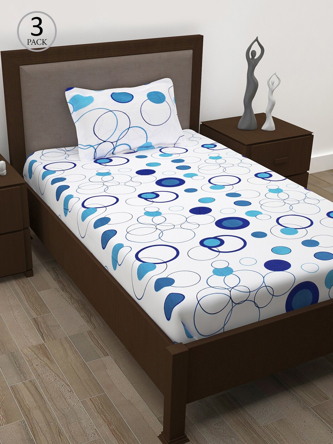 

Story@home White & Blue Geometric 186 TC Cotton 3 Single Bedsheets with 3 Pillow Covers