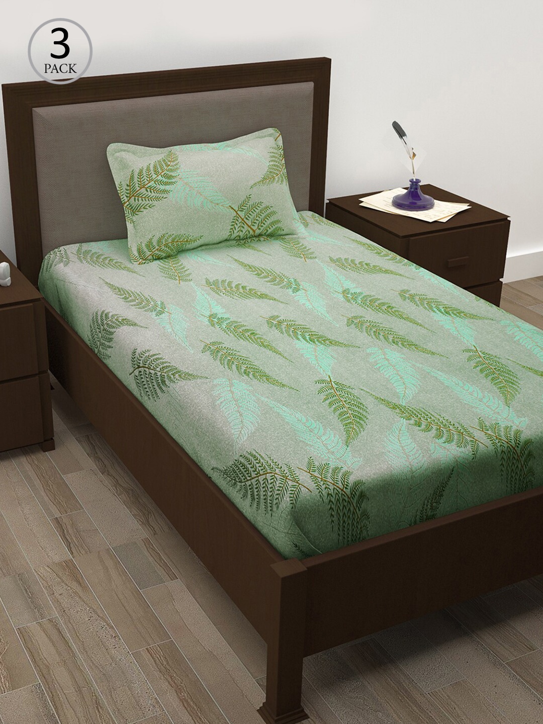 

Story@home Grey & Green Floral 208 TC Pure Cotton 3 Single Bedsheets with 3 Pillow Covers