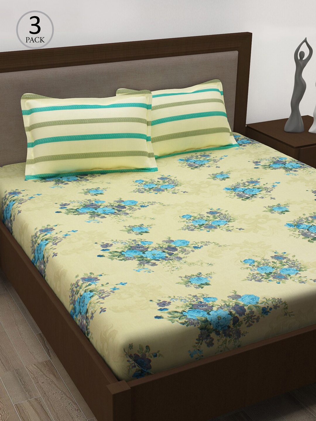

Story@home Yellow & Turquoise Blue Cotton 186 TC 3 Queen Bedsheet with 6 Pillow Covers