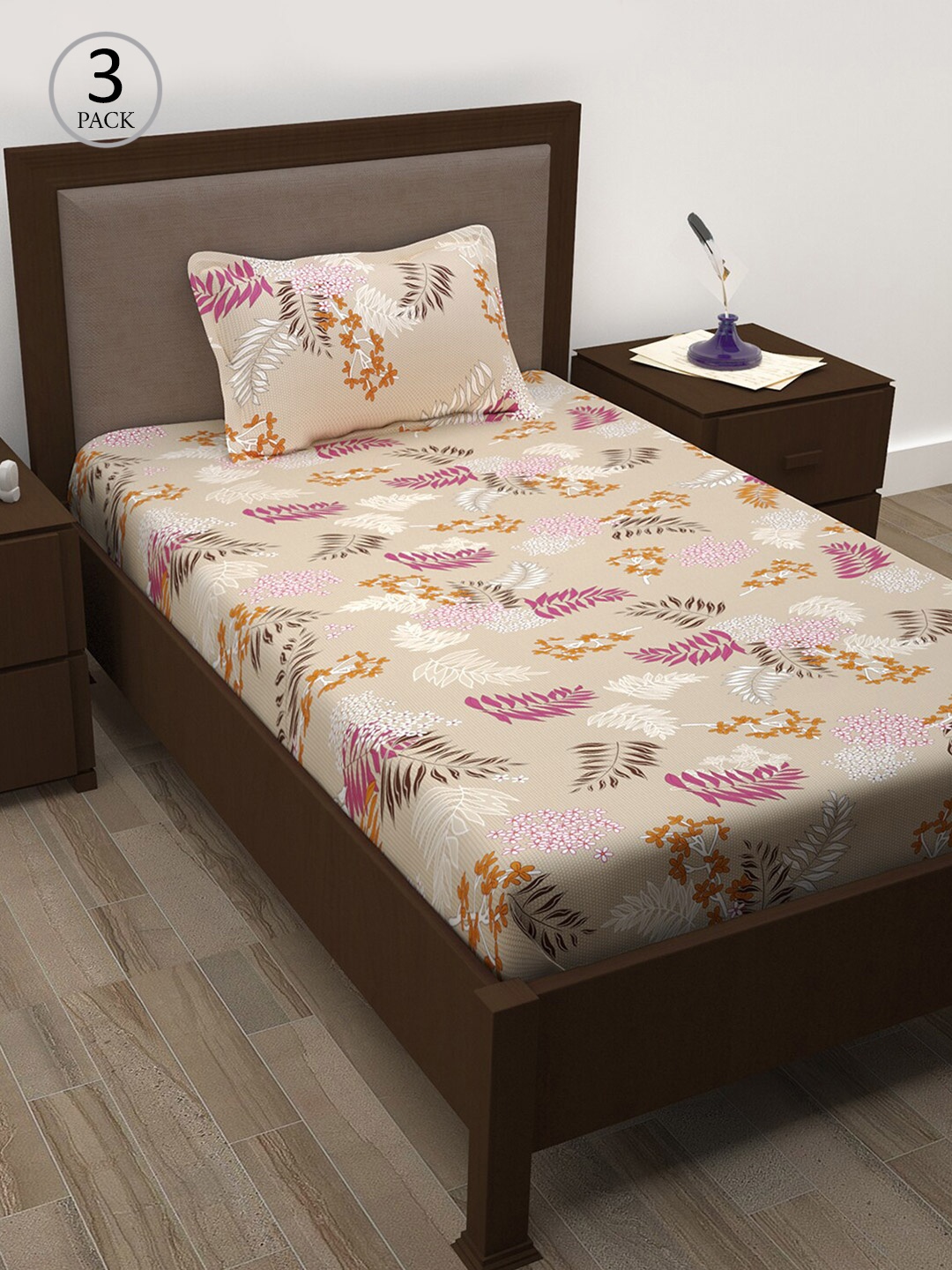 

Story@home Grey & Brown Floral 208 TC 3 Single Bedsheet with 3 Pillow Covers