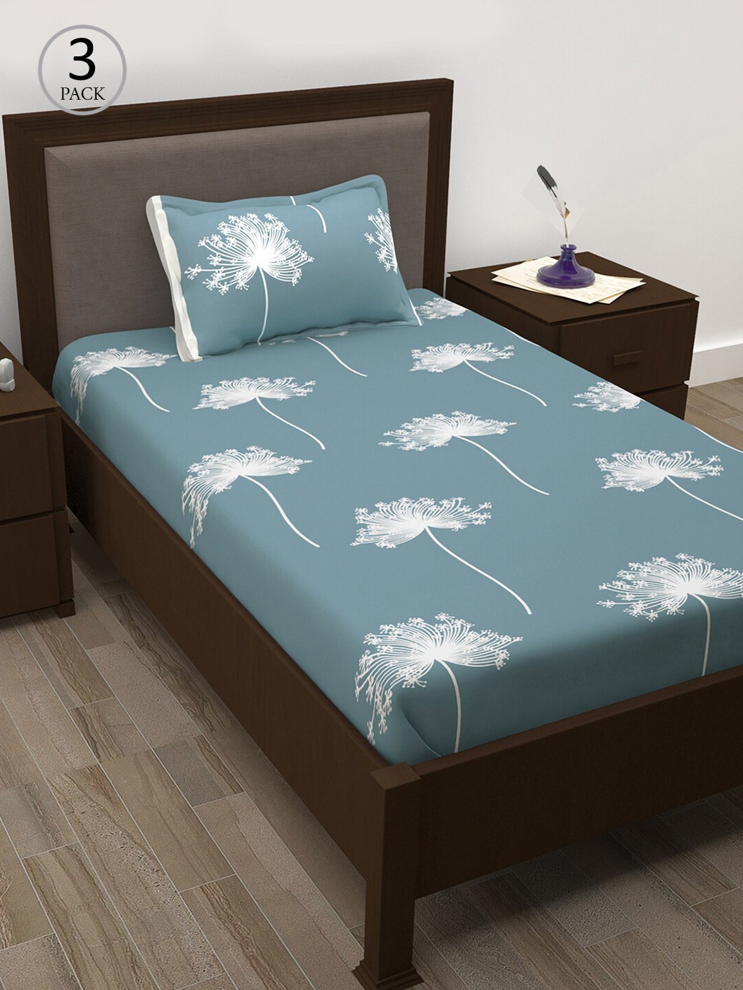 

Story@home Pack Of 3 Blue Floral 208 TC Cotton Single Bedsheets With 3 Pillow Covers