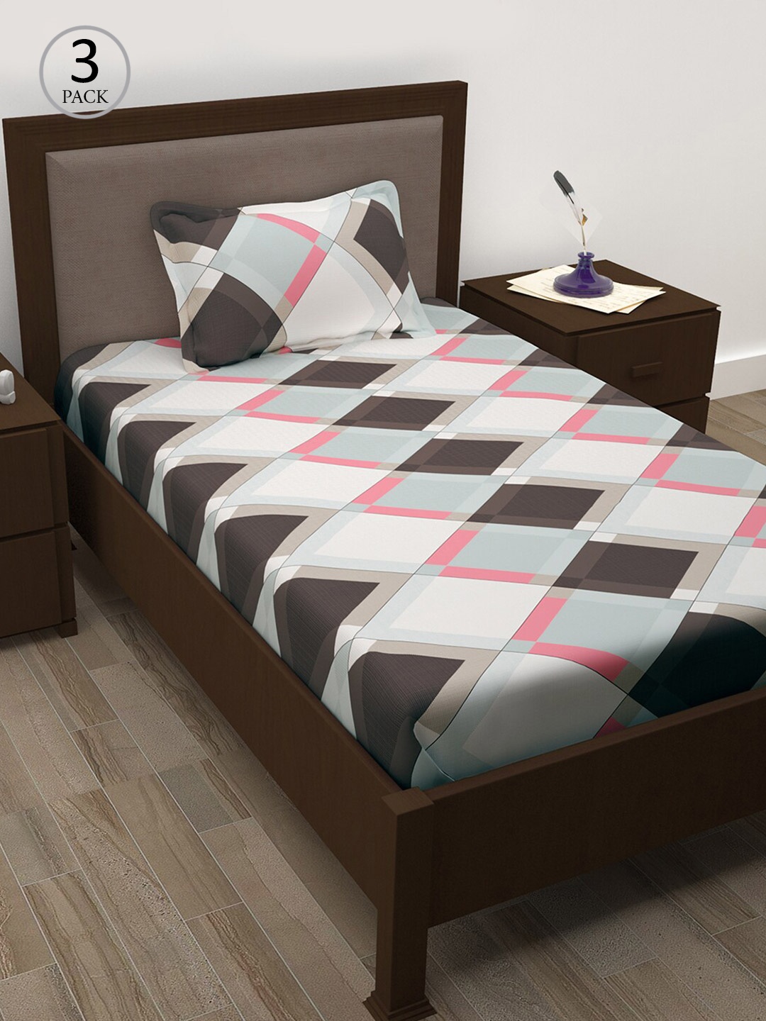 

Story@home Cream-Coloured & Brown Pure Cotton 208 TC 3 Single Bedsheet & 3 Pillow Covers