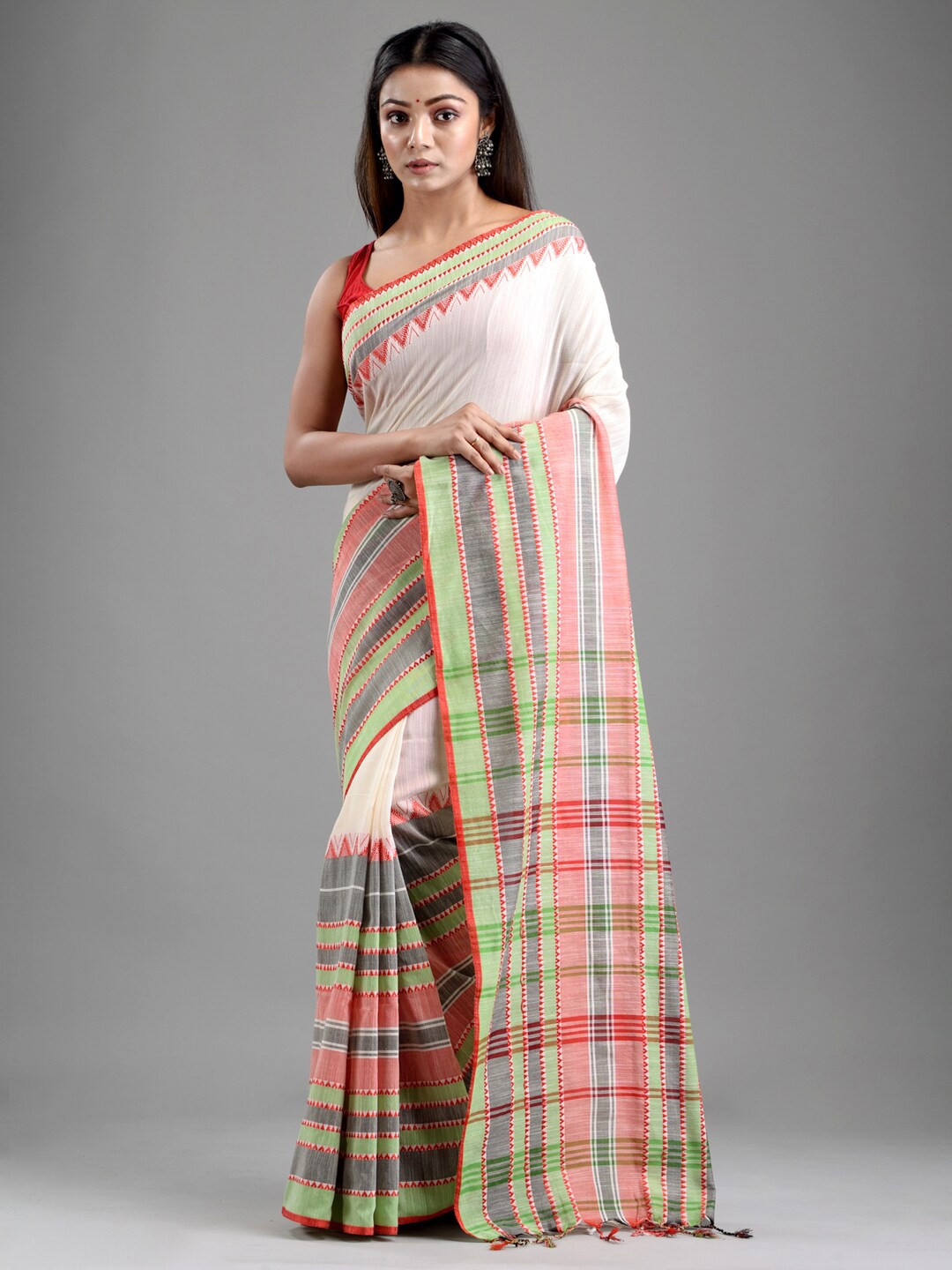 

Mitera Beige & Red Striped Pure Cotton Saree