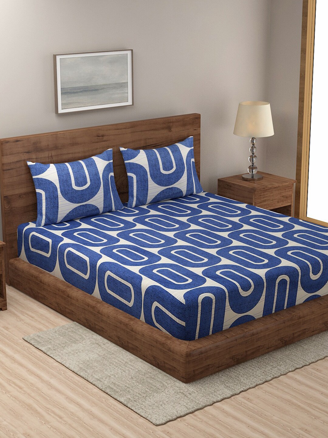 

TAG 7 Navy Blue & White Geometric 210 TC King Bedsheet with 2 Pillow Covers