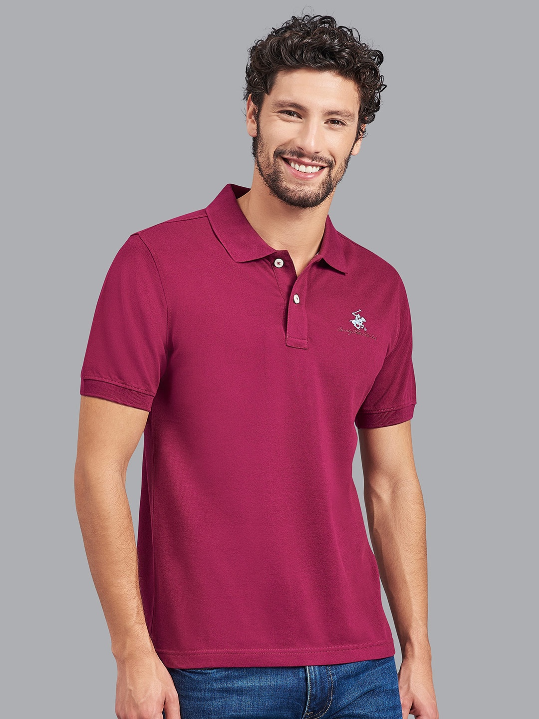 

Beverly Hills Polo Club Men Purple Solid Polo Collar Cotton T-shirt, Maroon