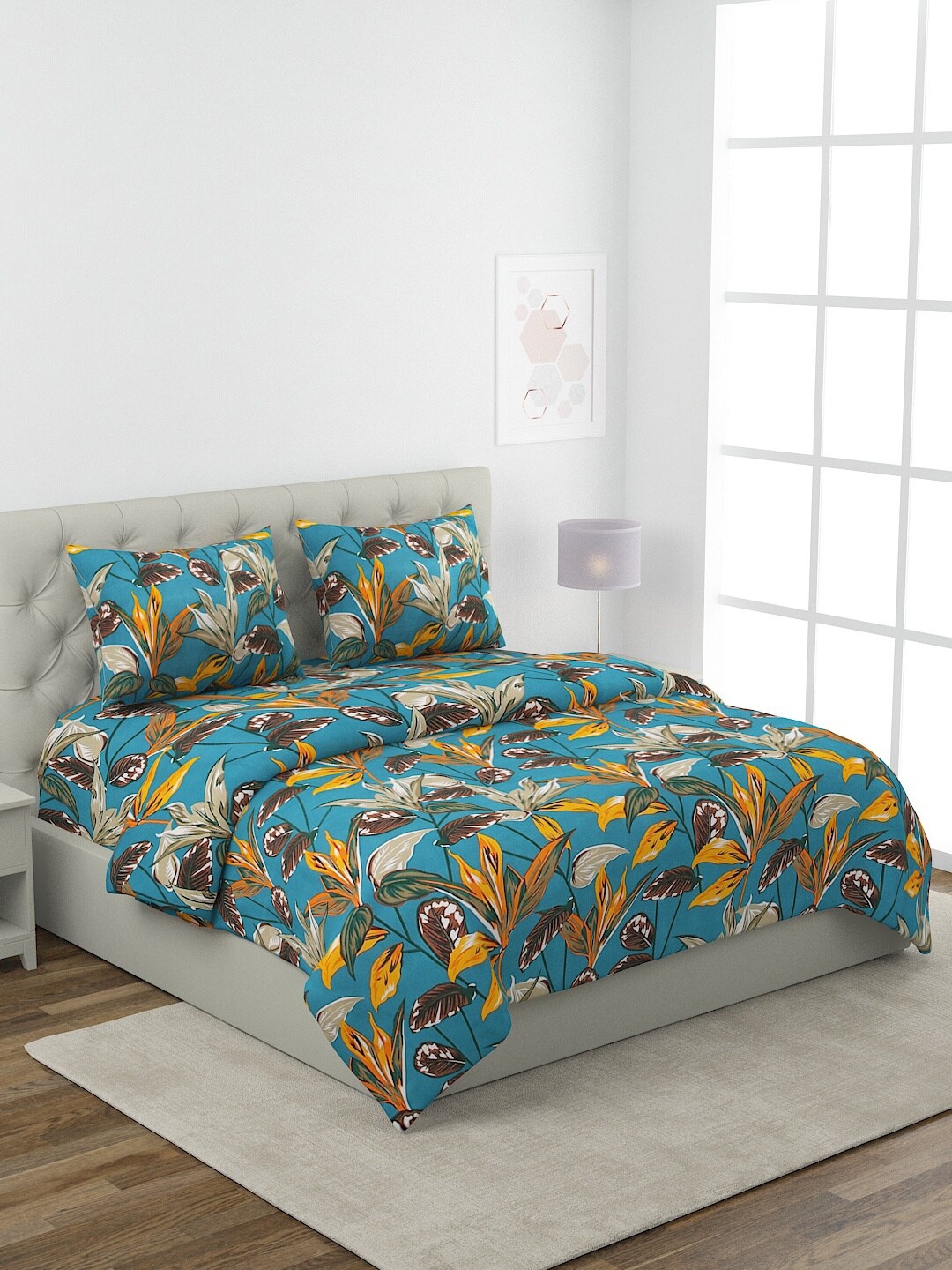 

ROMEE Blue & Yellow Floral Printed Pure Cotton Superfine Double King Bedding Set