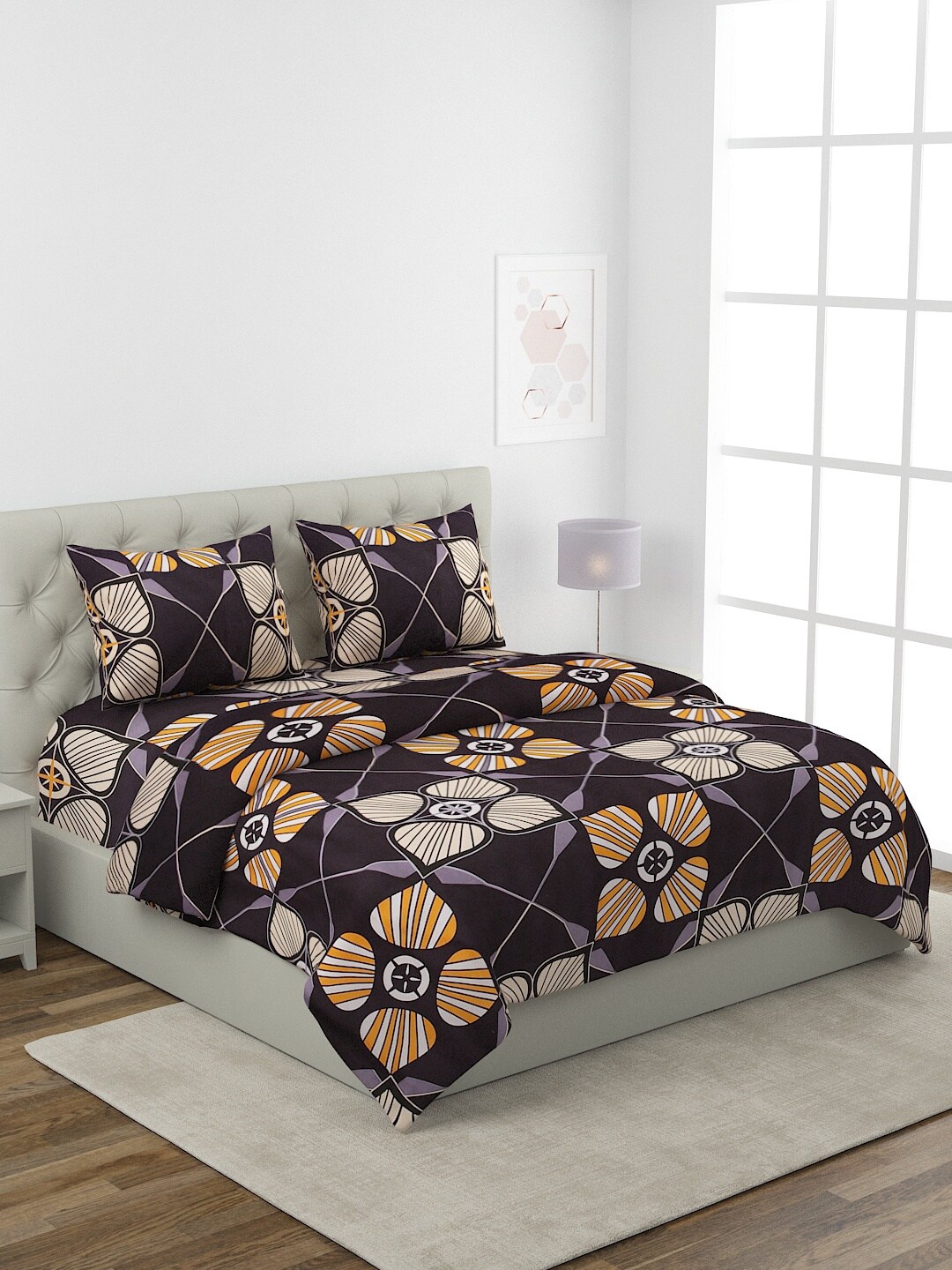 

ROMEE Black Floral Printed King Size Pure Cotton Bedding Set