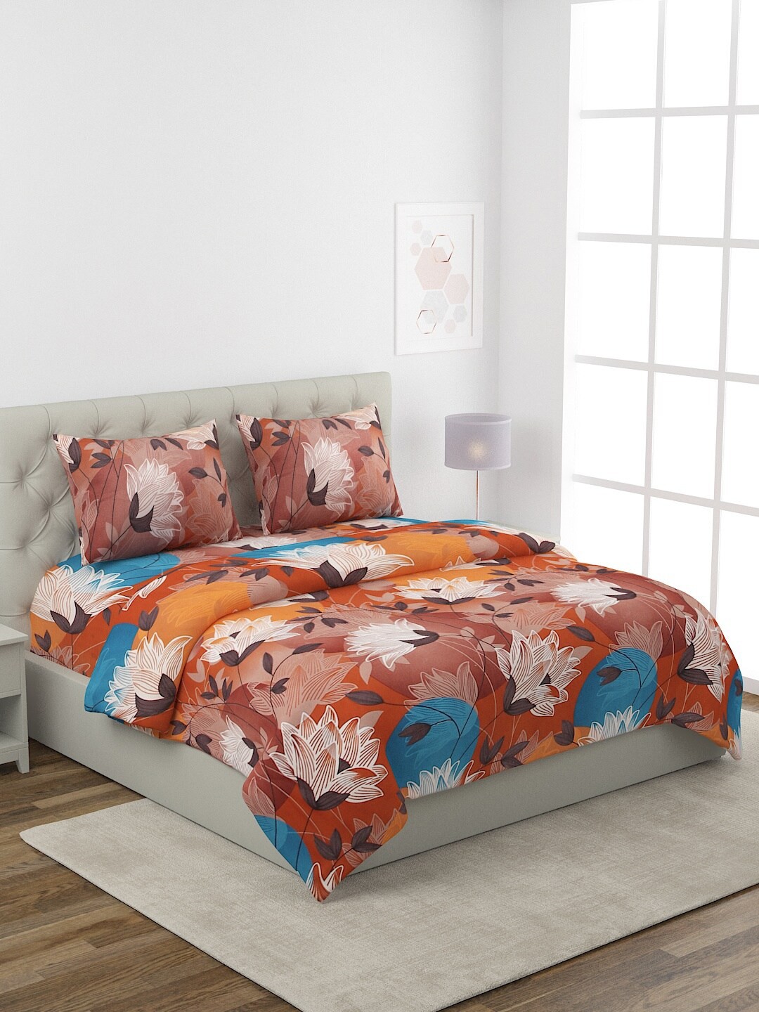

ROMEE Brown & White Floral Printed Pure Cotton Reversible King Bedding Set