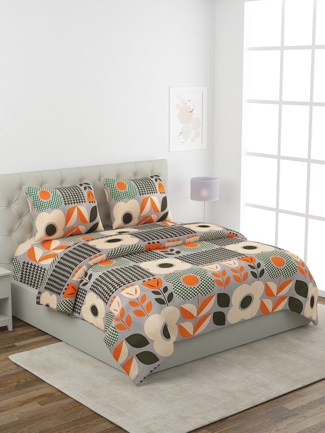 

ROMEE Grey & Orange Floral Printed Pure Cotton Reversible King Bedding Set