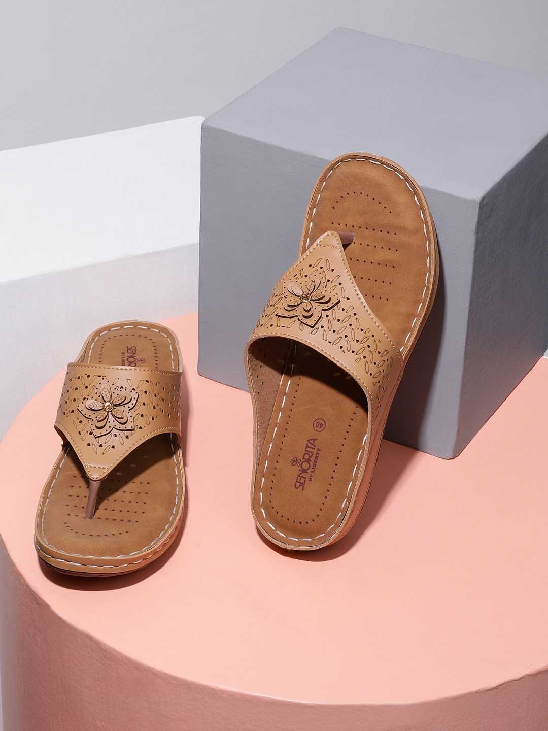 

Liberty Beige Textured PU Comfort Sandals with Laser Cuts