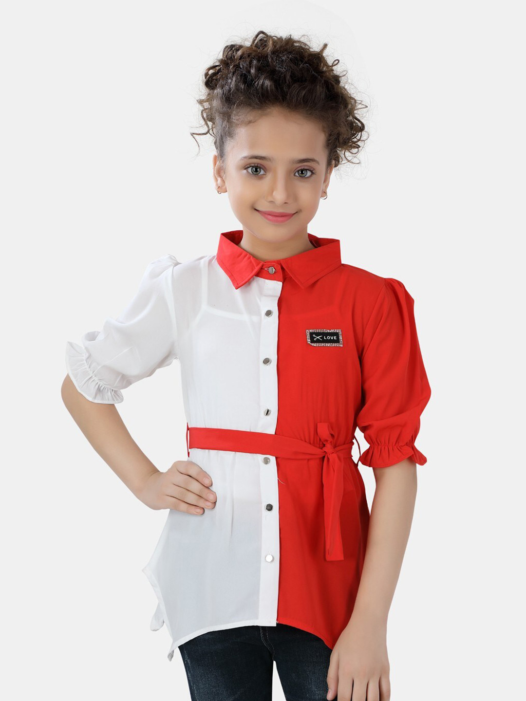 

POPLINS Red & White Colourblocked Shirt Style Top