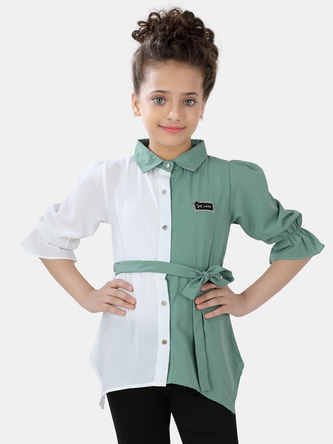 

POPLINS Girls Green Colourblocked Shirt Style Top
