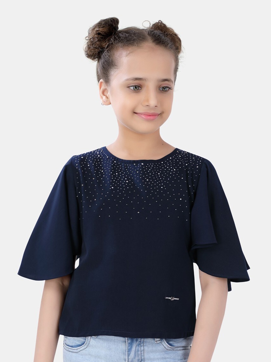 

POPLINS Navy Blue Embellished Cotton Top