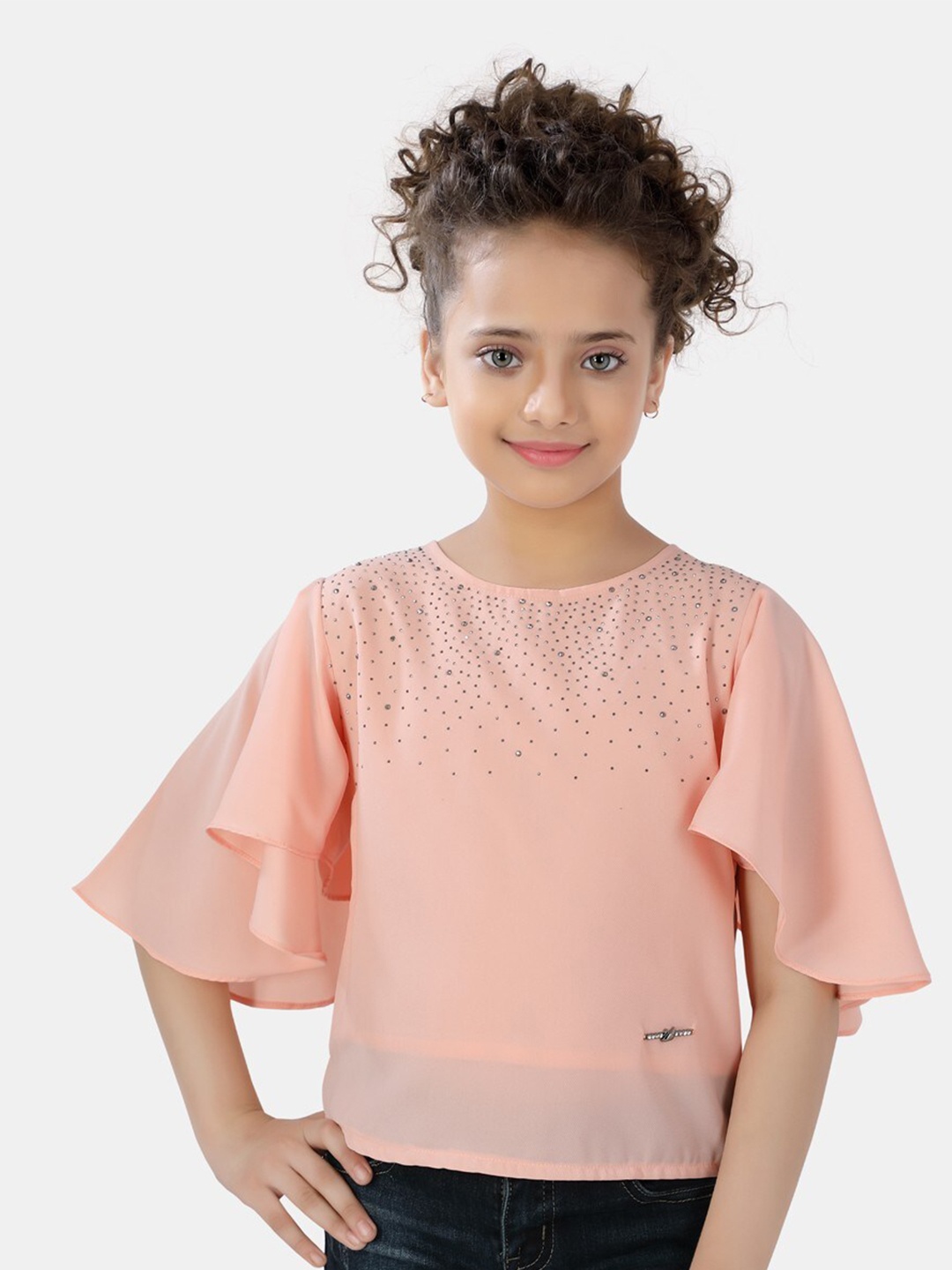 

POPLINS Girls Peach-Coloured Embellished Cotton Top