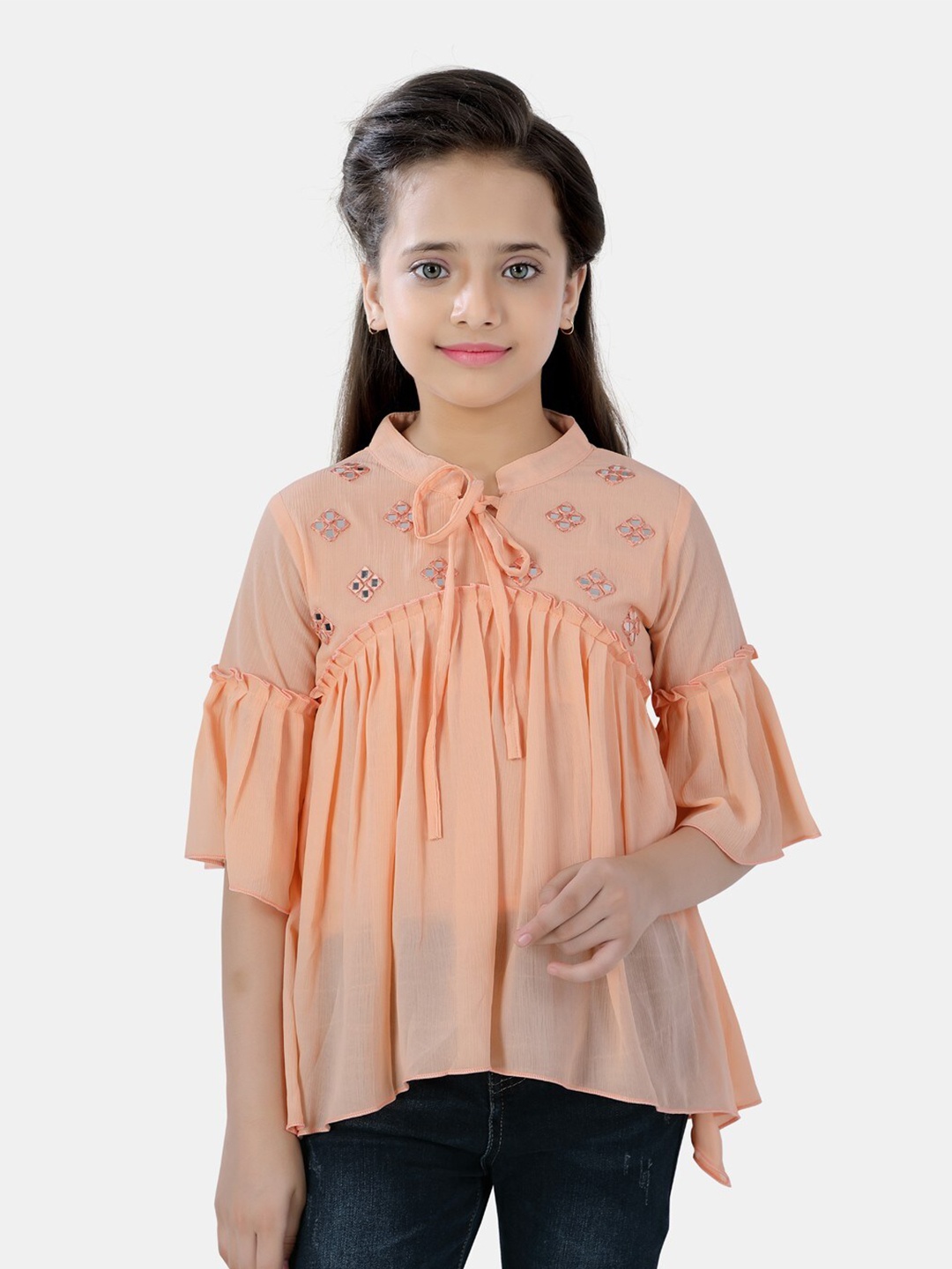 

POPLINS Girls Peach-Coloured & Silver-Toned Embellished Tie-Up Neck Empire Top