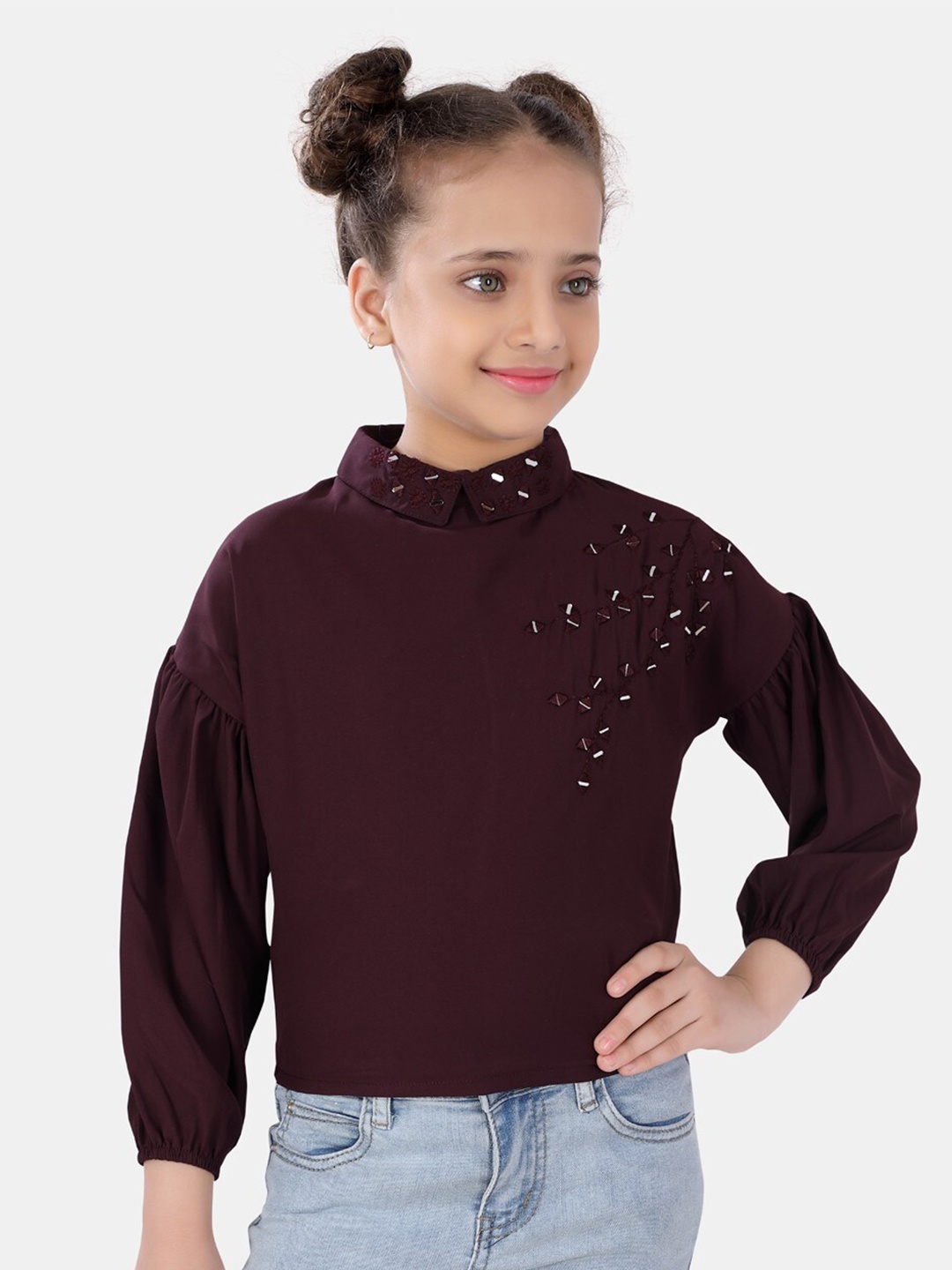 

POPLINS Girls Burgundy Embellished Top