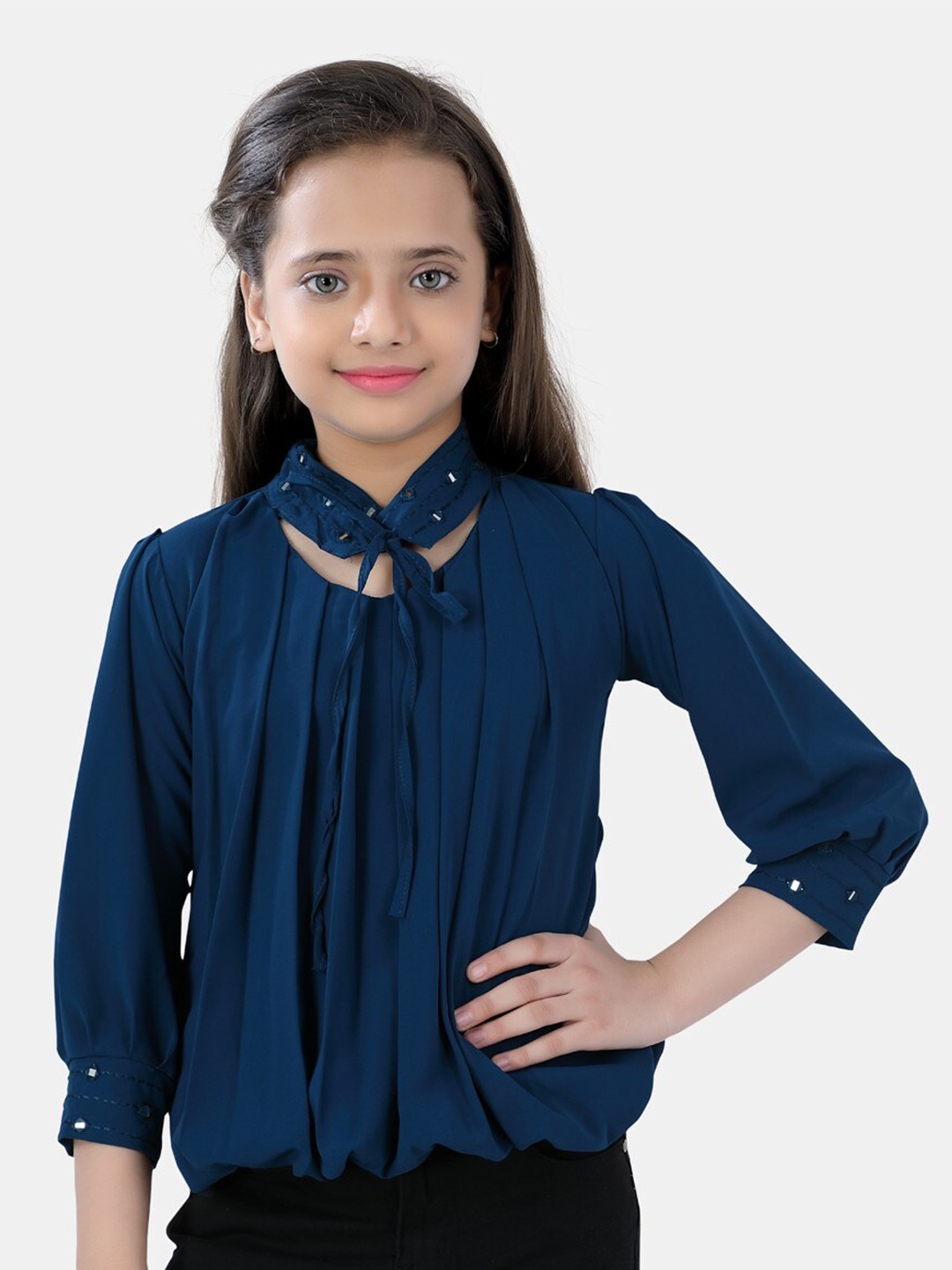 

POPLINS Girls Blue Pleated Choker Neck Blouson Top