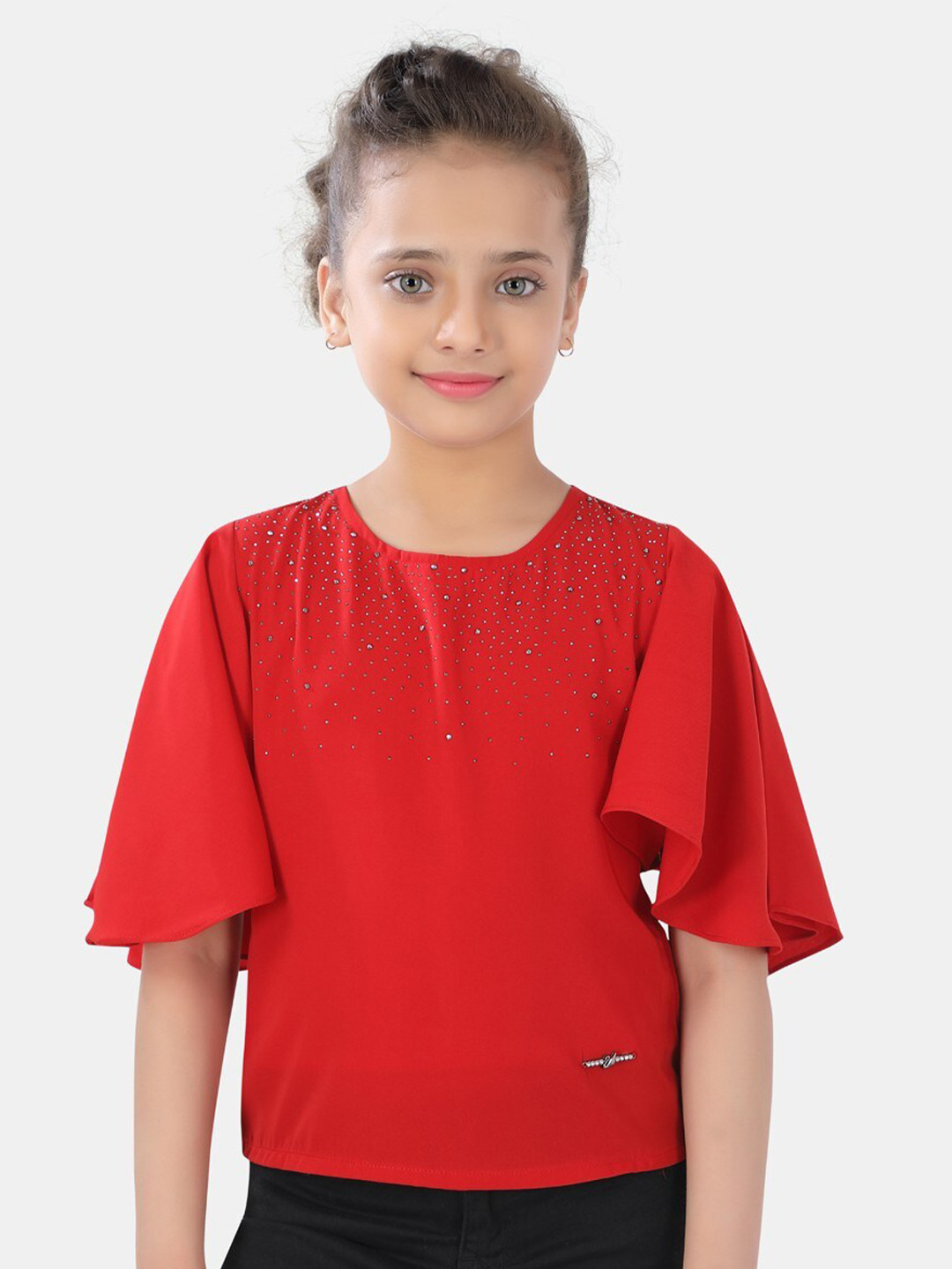 

POPLINS Girls Red Embellished Flared Sleeves Top