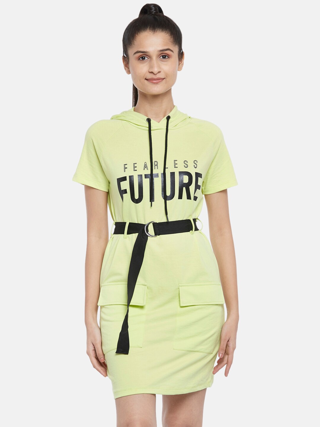 

Ajile by Pantaloons Women Fluorescent Green & Black Pure Cotton T-shirt Dress
