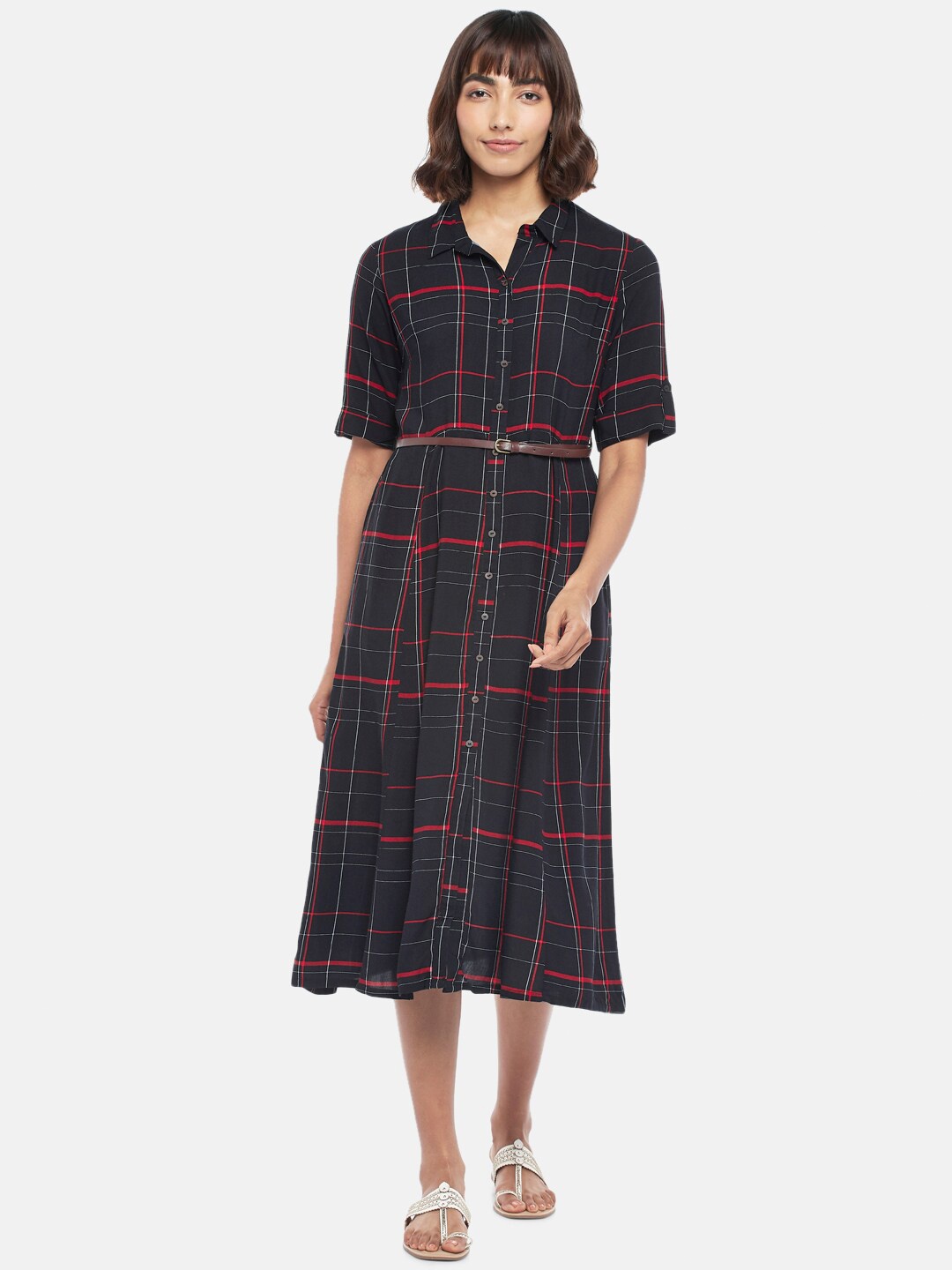 

AKKRITI BY PANTALOONS Black & Red Checked Shirt Midi Dress