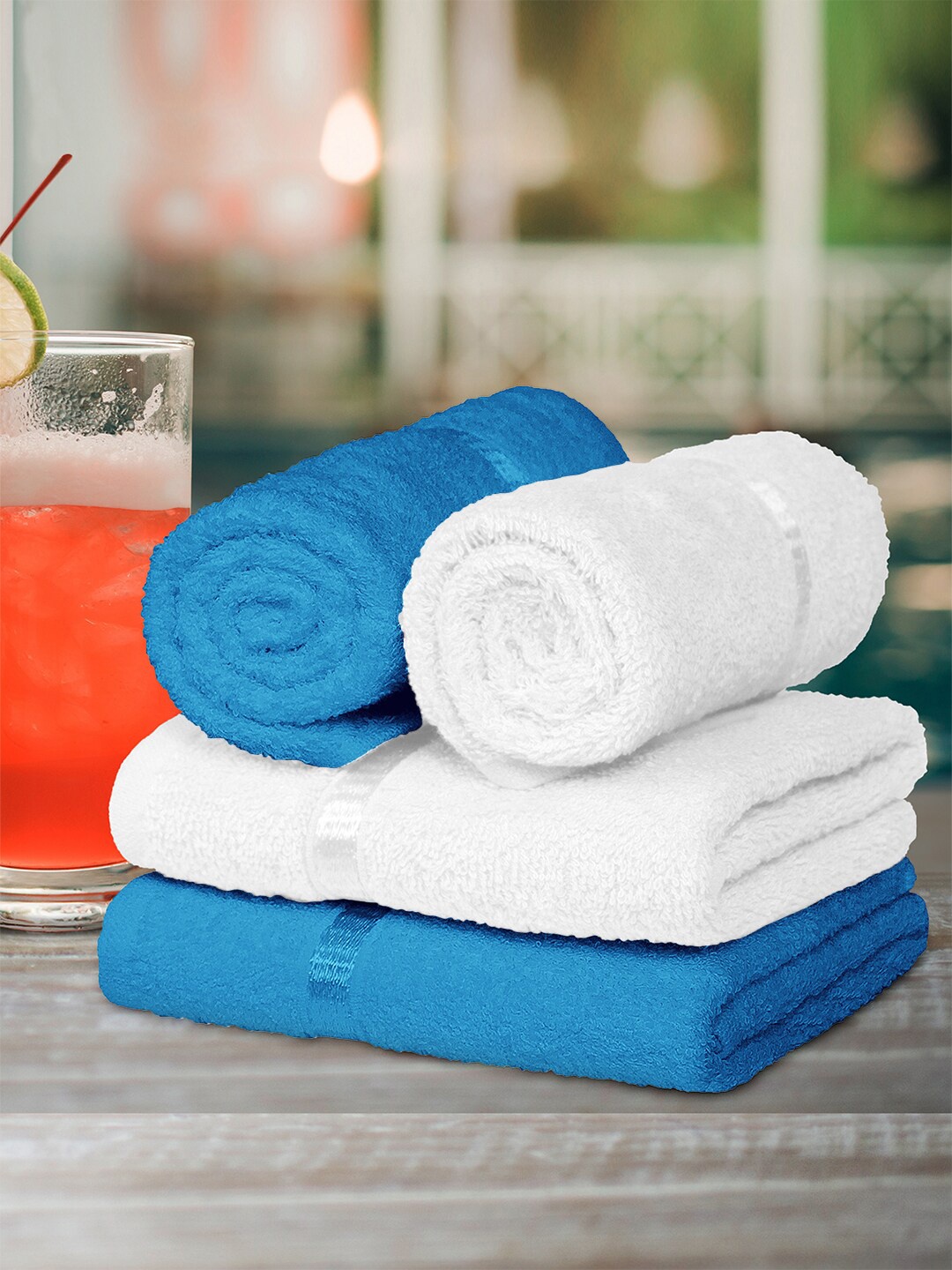 

Story@home Set of 4 Blue & White 450 GSM Pure Cotton Hand Towels