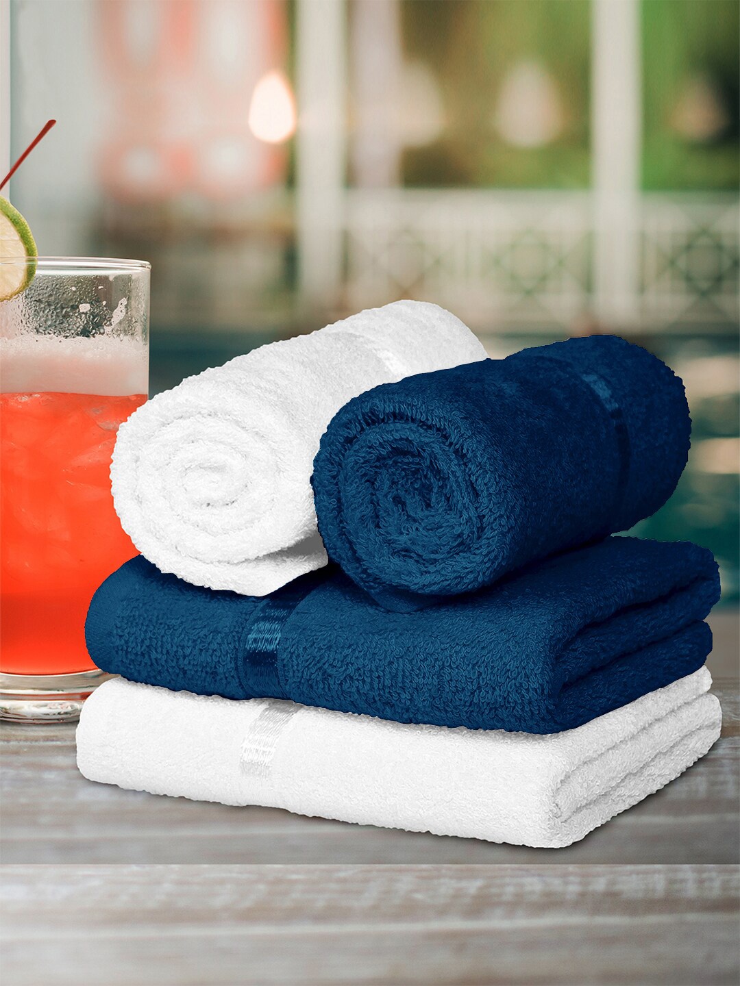 

Story@home Set Of 4 Navy Blue & White Solid Cotton 450 GSM Hand Towels