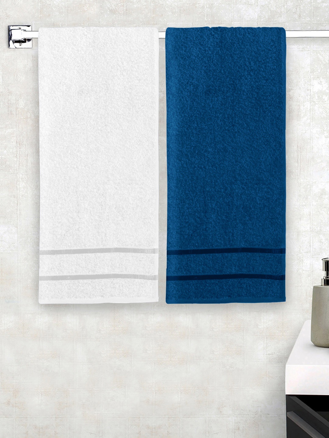 

Story@home Set of 2 White & Blue Solid 450 GSM Pure Cotton Medium Bath Towels, Navy blue