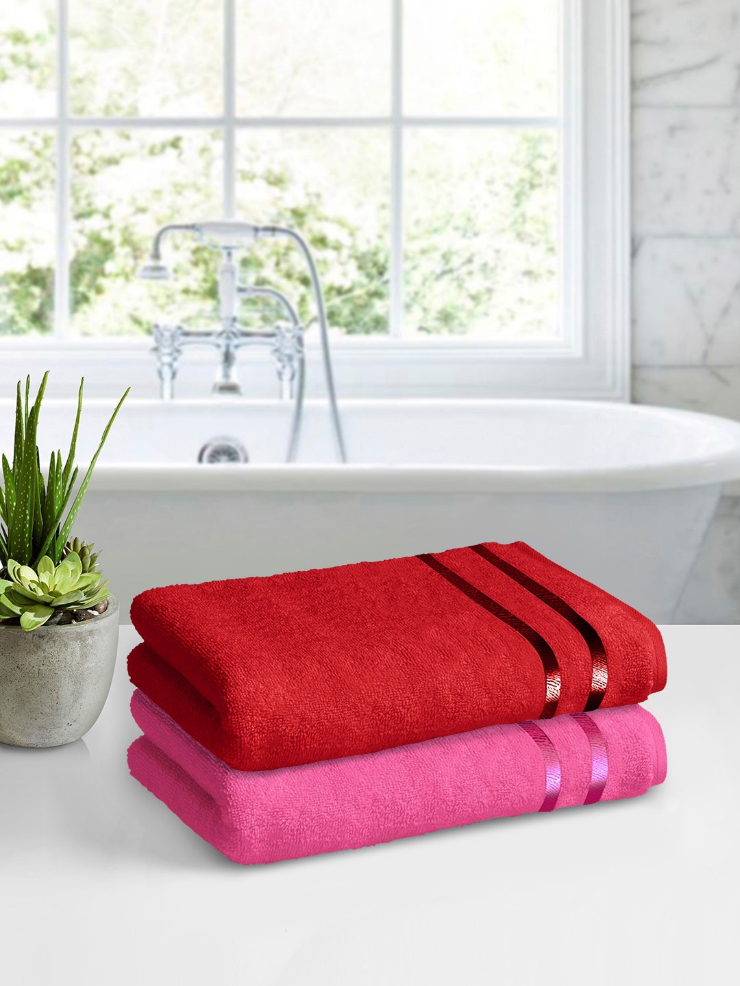 

Story@home Set of 2 Red & Pink 450GSM Pure Cotton Medium Size Bath Towels