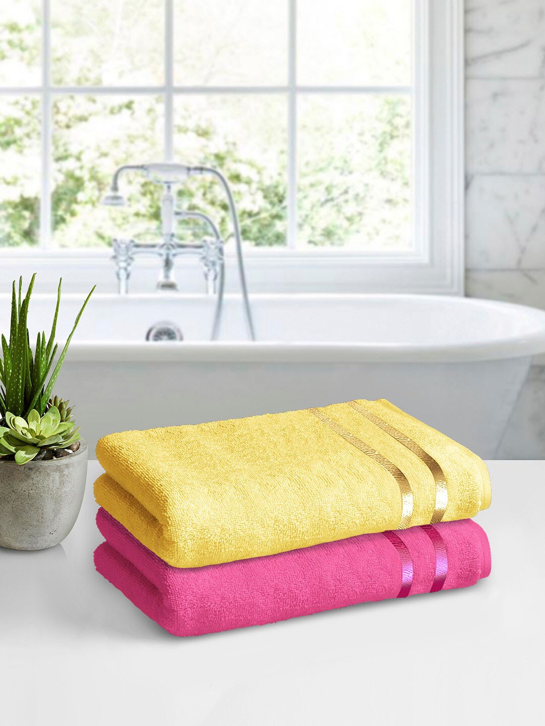 

Story@home Pink & Yellow Set Of 2 450 GSM Pure Cotton Solid Medium Bath Towel Set