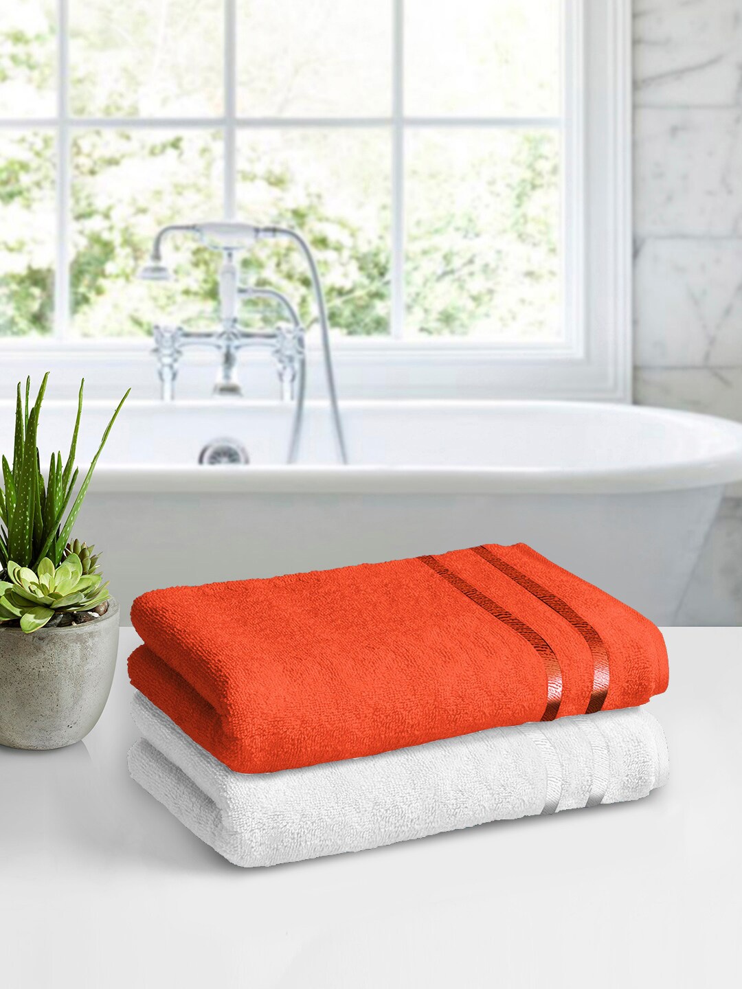 

Story@home Set Of 2 Orange & White Cotton 450GSM Medium Size Bath Towels