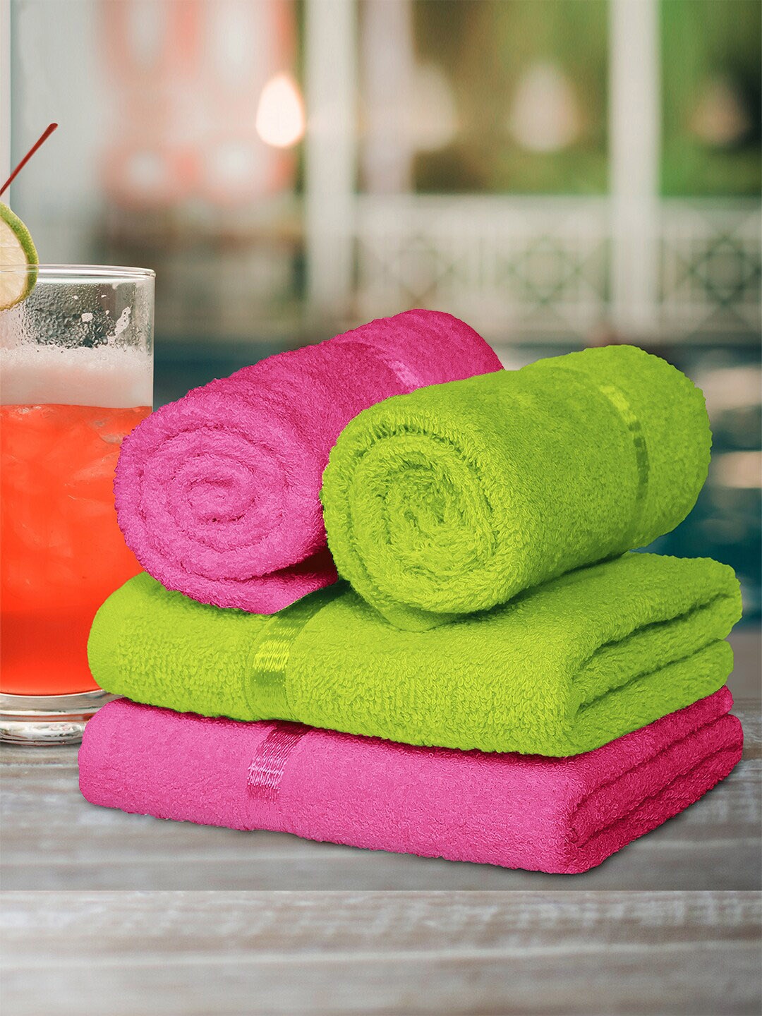 

Story@home Set Of 4 Pink & Green 450 GSM Pure Cotton Hand Towel