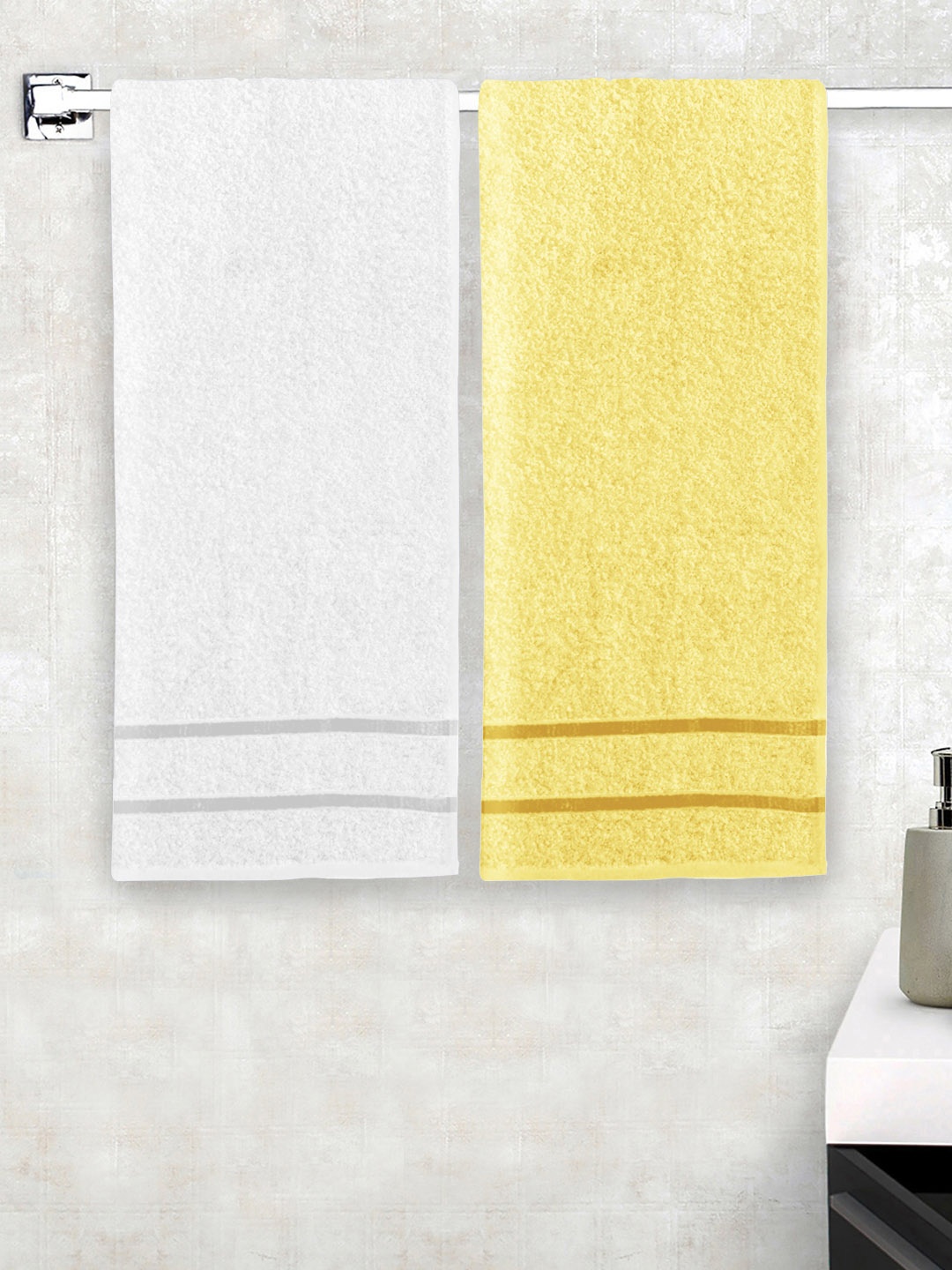 

Story@home Yellow & White Pack of 2 450 GSM Pure Cotton Medium Bath Towels