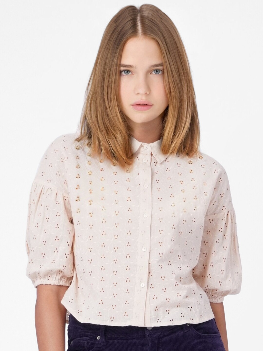 

ONLY Women Beige Schiffli Embroidered Casual Crop Shirt