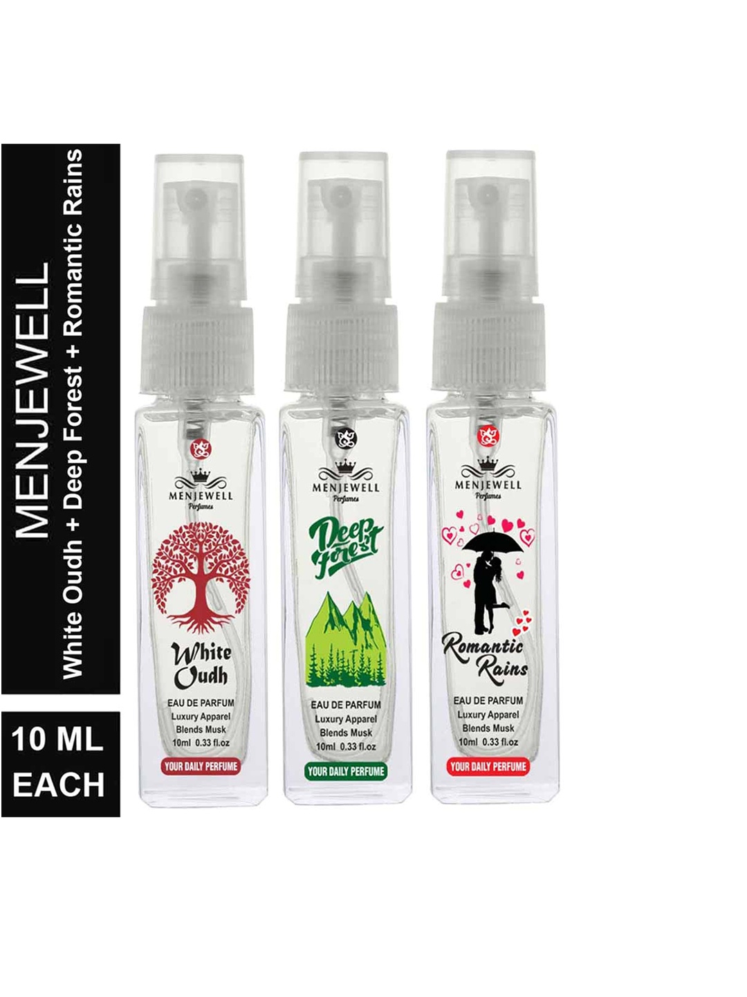 

Menjewell Men Pack Of 3 White Oudh, Deep Forest & Romantic Rains Eau De Parfum, Transparent