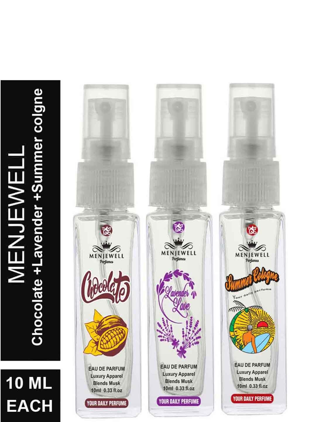 

Menjewell Women Pack of 3 Chocolate, Lavender Love, Summer Cologne- 30 ml, Transparent