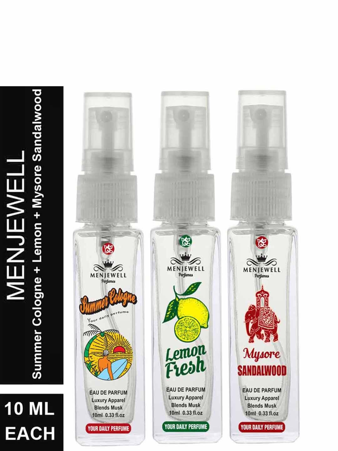 

Menjewell Women Pack of 3 Summer, Fresh Lemon, Mysore Sandalwood Cologne- 30 ml, Transparent