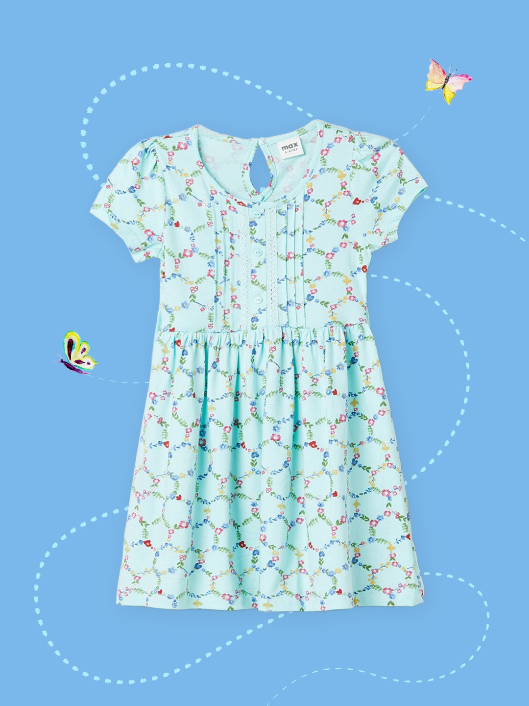 

max Girls Blue Floral Printed Fit and Flare Dress