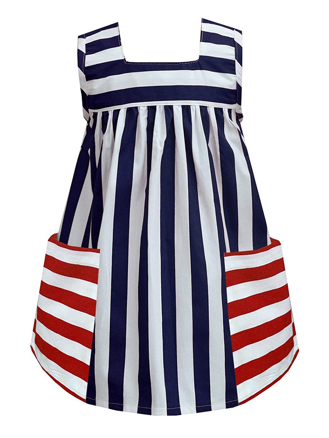 

A T U N Navy Blue & White Striped A-Line Dress