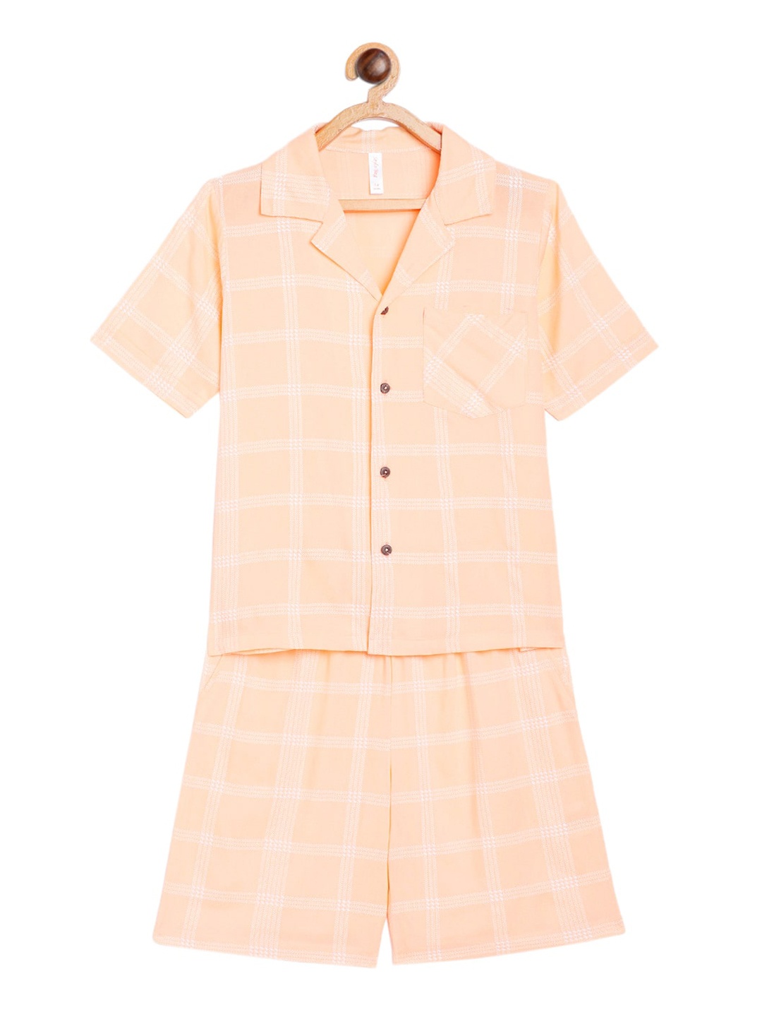 

Stylo Bug Girls Peach-Coloured & White Checked Pure Cotton Night suit