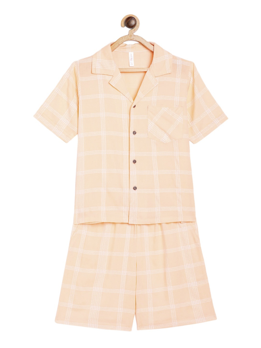 

Stylo Bug Girls Peach-Coloured & White Checked Pure Cotton Night Suit