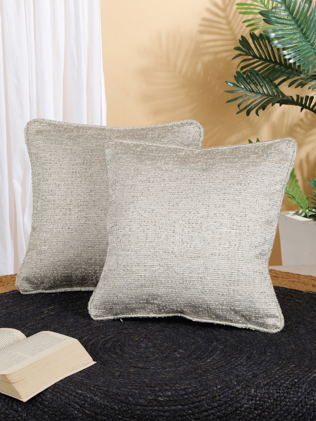 

ROSARA HOME Set Of 2 Cream-Coloured & Grey Textured Jacquard Square Cushion Covers