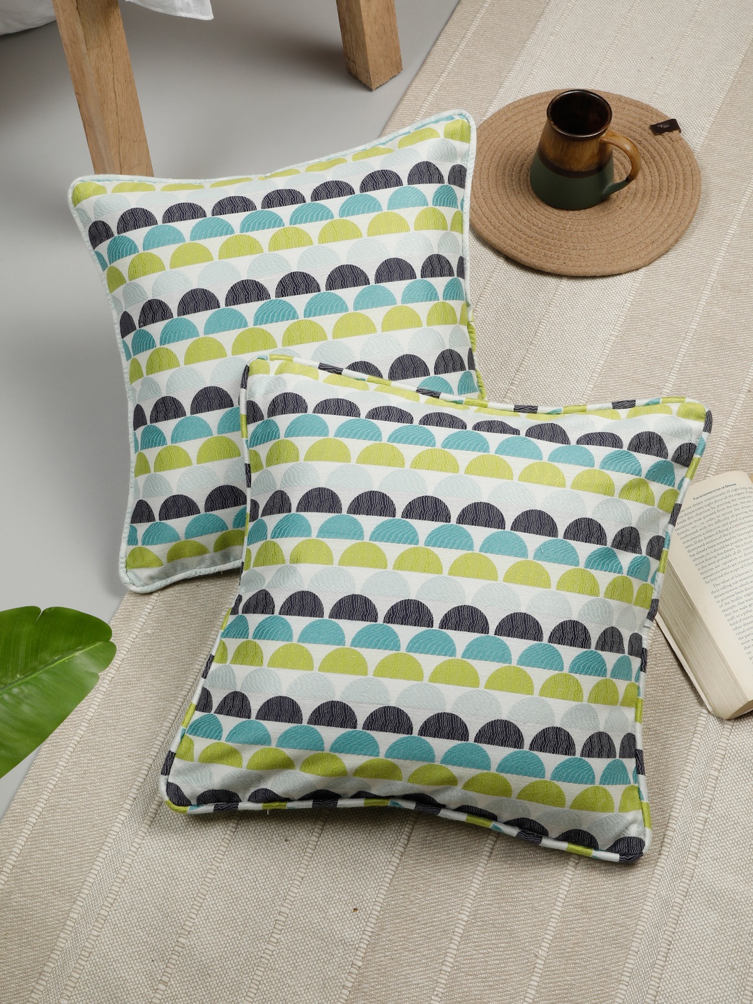 

ROSARA HOME Pack Of 2 Teal Geometric Jacquard Square Cushion Covers