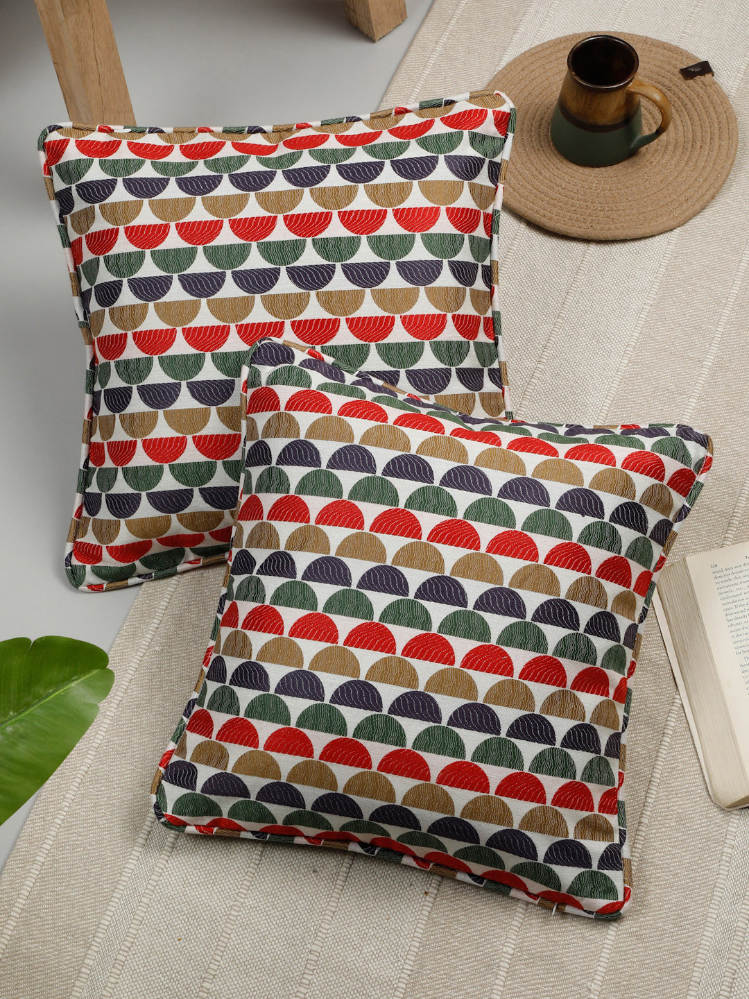 

ROSARA HOME Pack Of 2 Red & Green Geometric Jacquard Square Cushion Covers