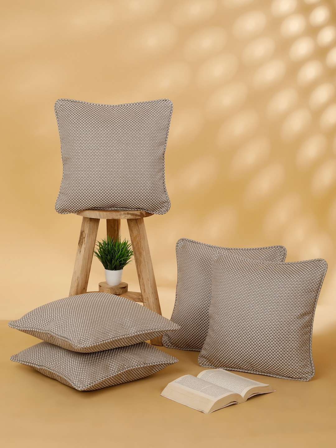 

ROSARA HOME Grey & Beige Set of 5 Square Jacquard Cushion Covers