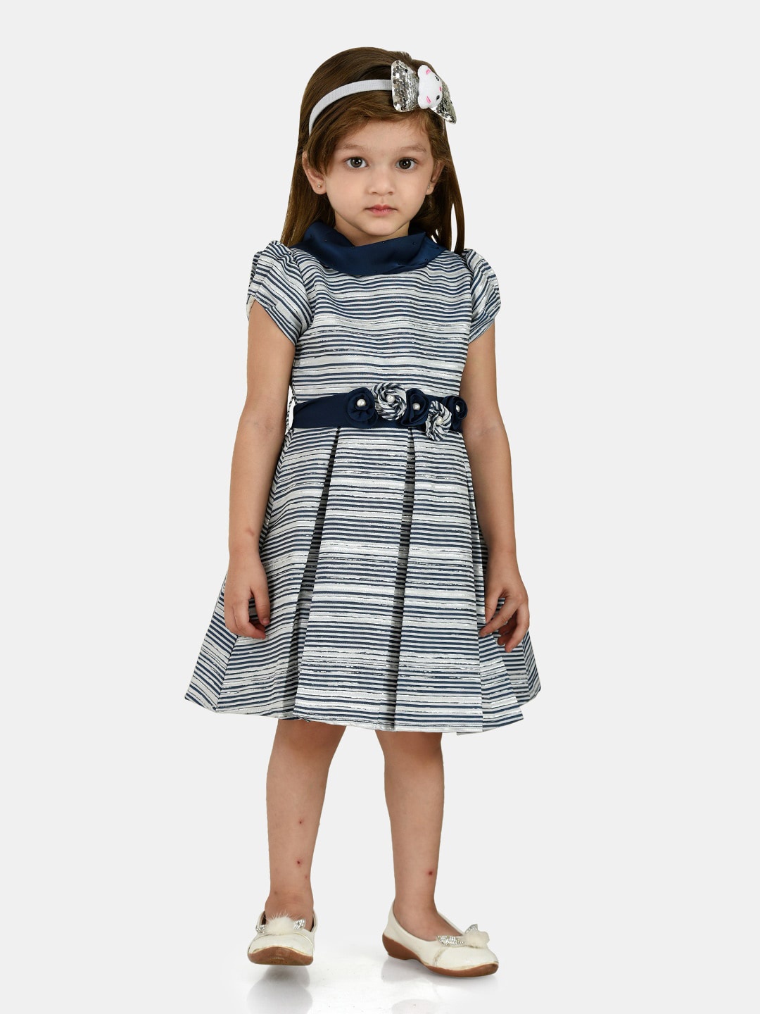 

Peppermint Navy Blue & Off White Striped Jacquard Dress