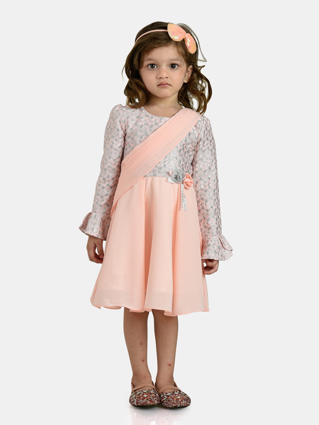 

Peppermint Peach-Coloured & Silver-Toned Embellished Embroidered Chiffon Dress