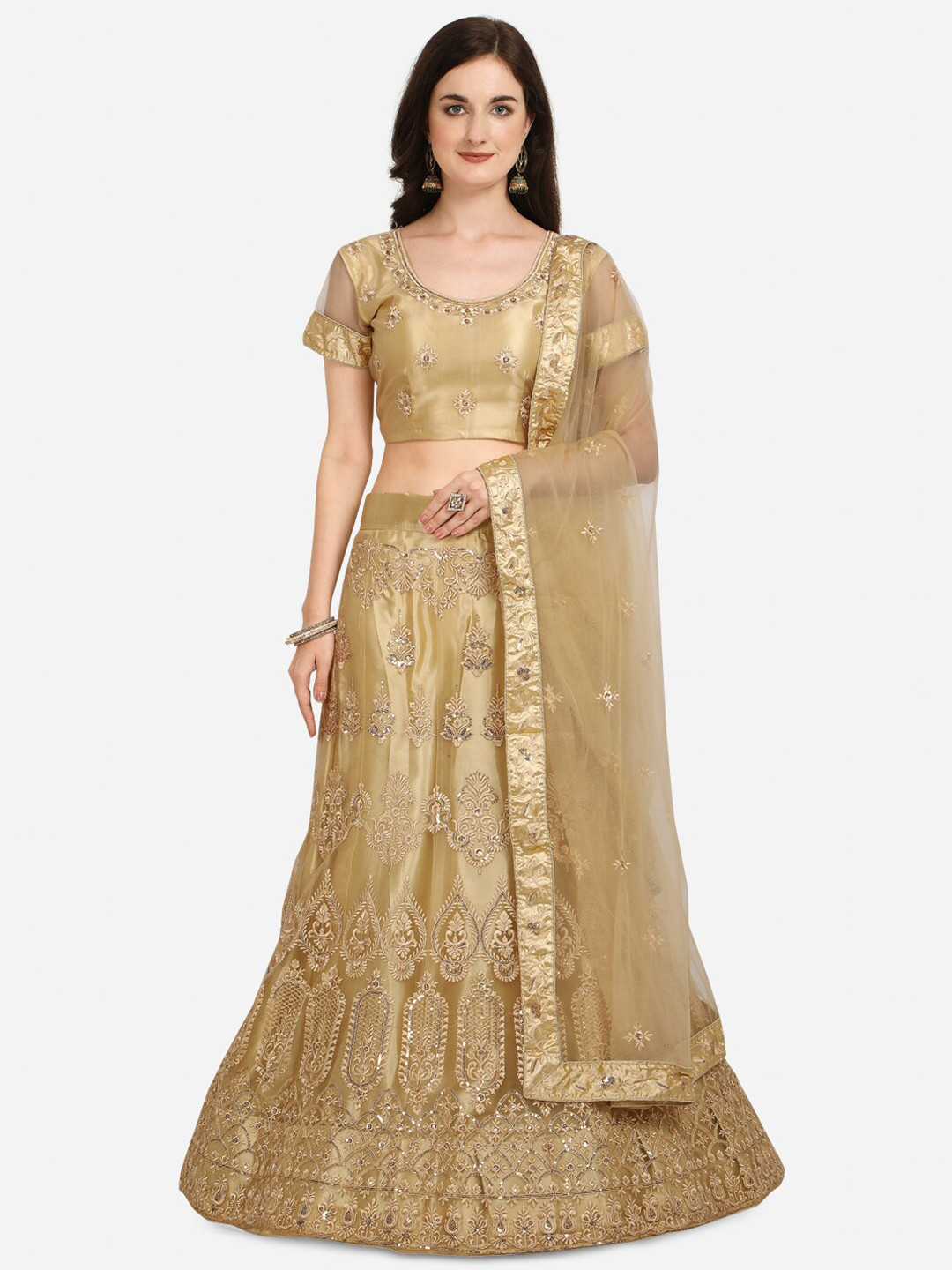 

Netram Women Beige Embroidered Semi-Stitched Lehenga Choli with Dupatta