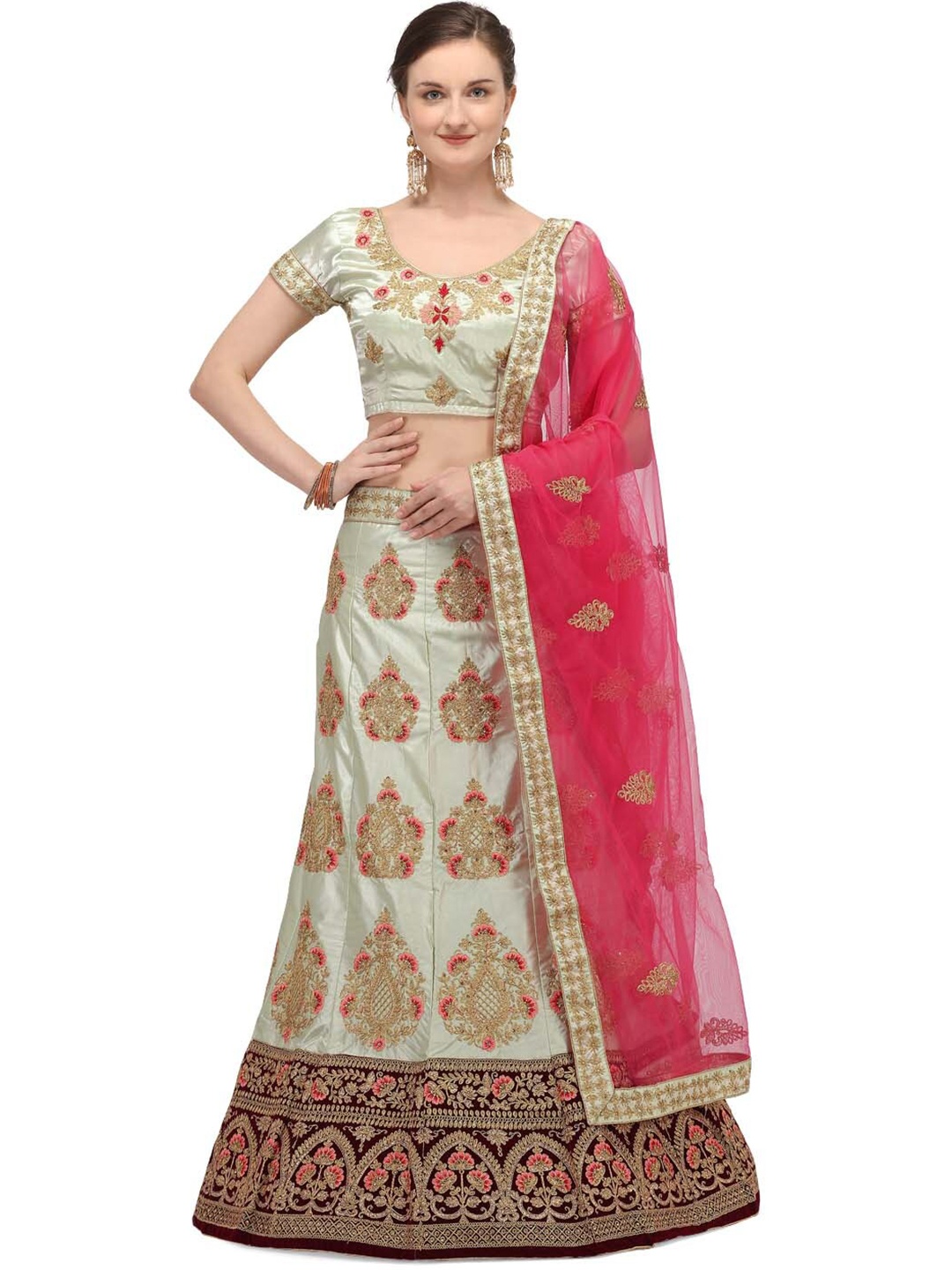 

Netram Lime Green & Pink Embroidered Beads and Stones Semi-Stitched Lehenga & Unstitched Blouse With Dupatta