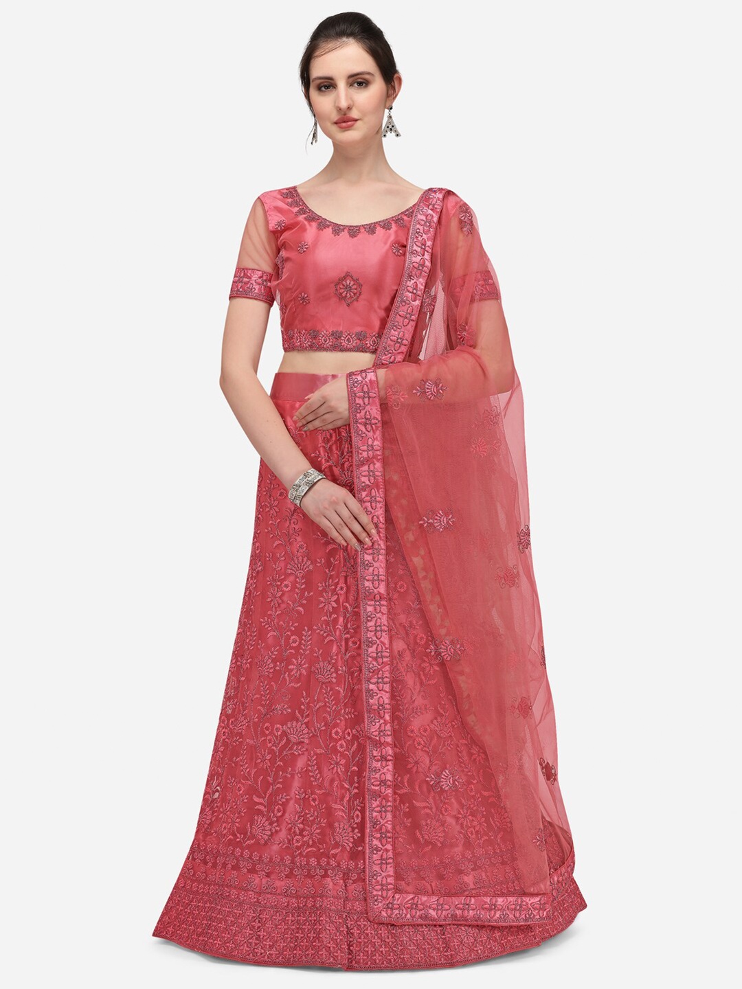 

Netram Pink & Silver-Toned Embroidered Semi-Stitched Lehenga & Unstitched Blouse With Dupatta